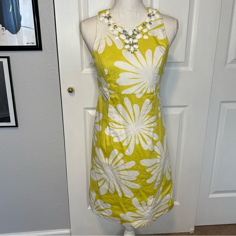 LOFT Yellow and White Floral Dress with Beaded Neckline Size 2